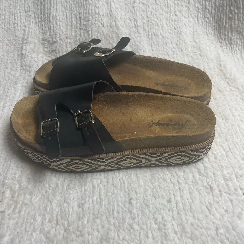 Free People caravelle leather Black Cork footbed Double Strap Sandals EUR SZ41